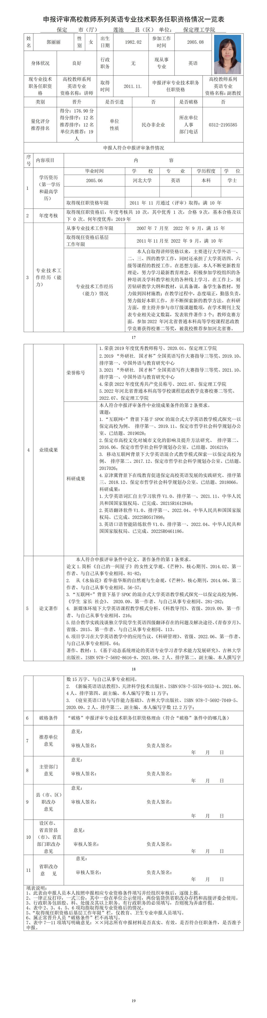 郭丽丽任职资格情况一览表