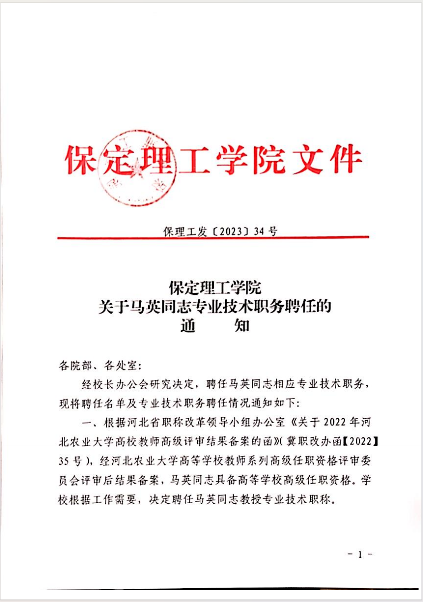 保定理工学院关于马英等同志专业技术职务聘任的通知